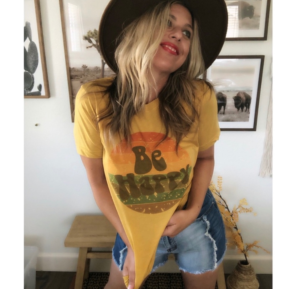 New! “Be Happy “Mustard vintage Heather Tee - Picture 2 of 7